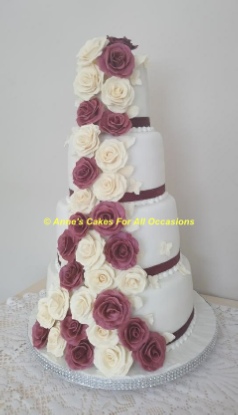 4 tier Wedding Cake, Wine and Cream Rose Sugar Flowers Sponge Cakes, Annes Cakes For All Occasions, Sudbury, Ipswich, Bury St Edmunds, Suffolk Wedding Cakes